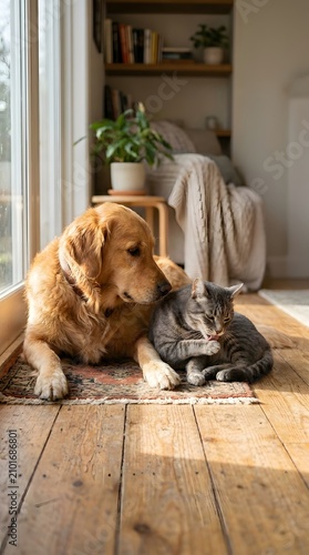 Golden retriever dog and grey tabby cat relaxing on rug by the window in cozy living room with copy space.
