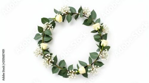 Corona floral circular aislada, hecha de eucalipto, rosas blancas y paniculada