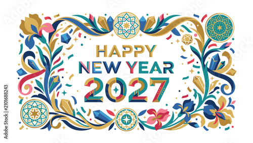 Photography Happy New Year 2027 Floral Wreath: A vibrant and festive illustration featuring the text Happy New Year 2027 enclosed within an ornate floral and gem-inspired border