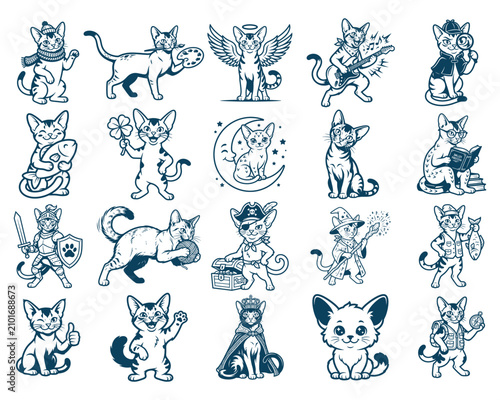 Cute Kawaii Cat Character Sticker Collection Vector Set
