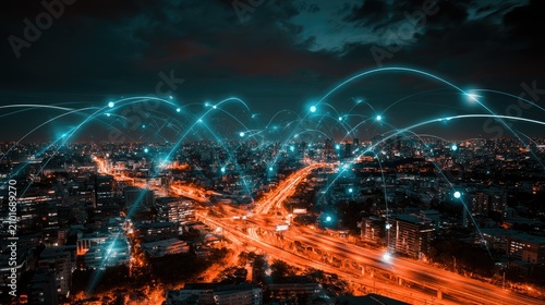 Densely connected glowing network overlays a vibrant, illuminated urban landscape