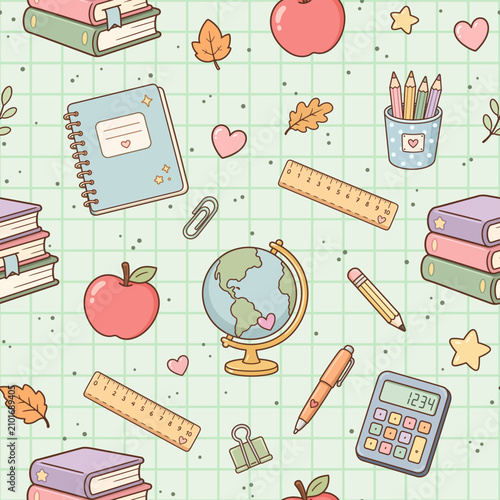 Cute kawaii back to school seamless pattern with globe, books, apple, and stationery on a pastel green grid background.
