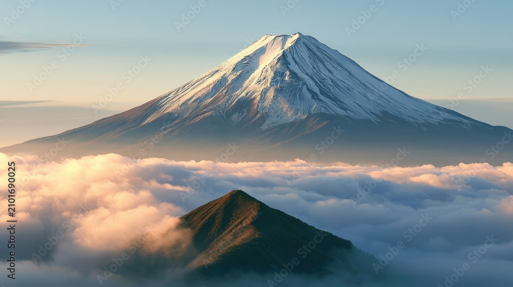 Fototapeta premium Majestic snow-capped peak rises above a sea of soft, golden clouds
