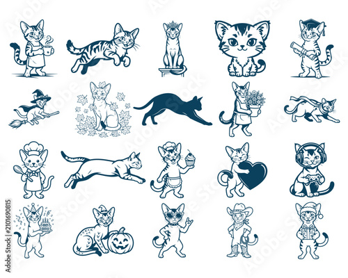 Cute Cat Cartoon Character Vector Collection Set