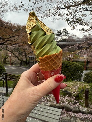Woman hand holding ice cream cone with cherry blossom in the background