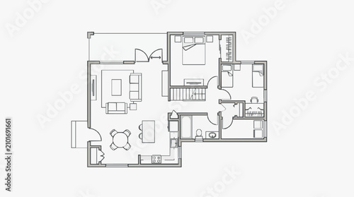 Konstfotografi Minimalist Black and White Floor Plan of Modern Apartment with Open Layout Furni
