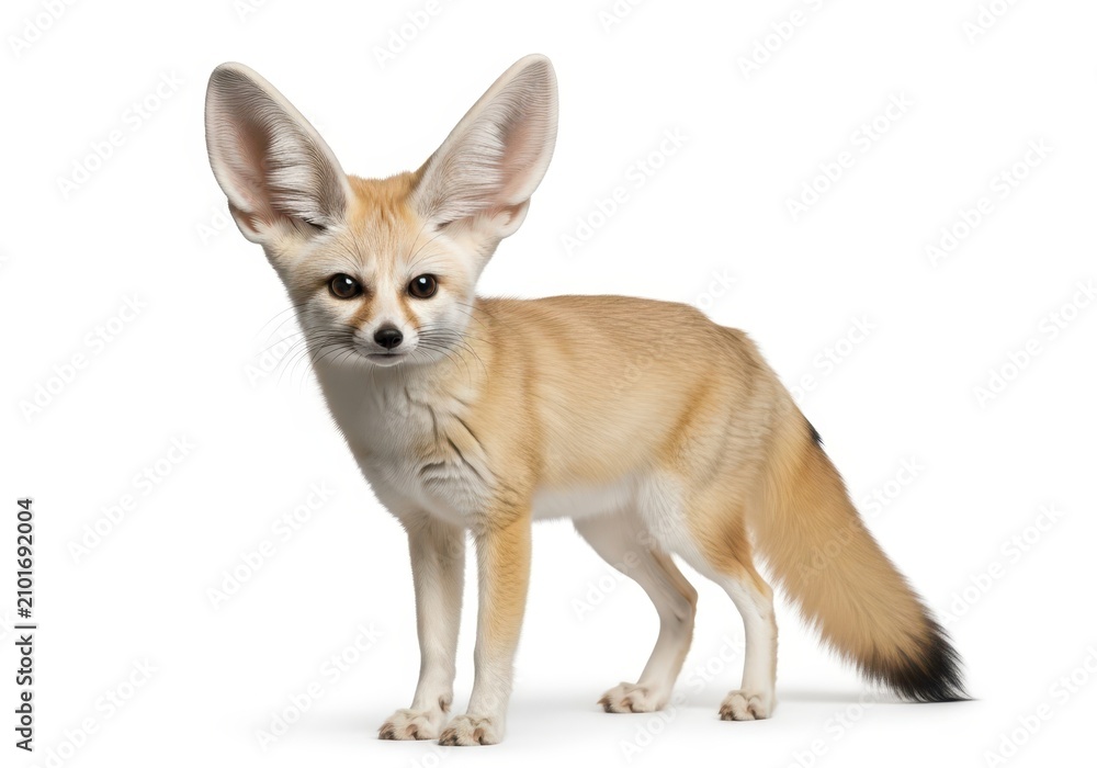 Obraz premium Portrait of a cute Fennec Fox with large ears standing on a white background. Desert wildlife photography.