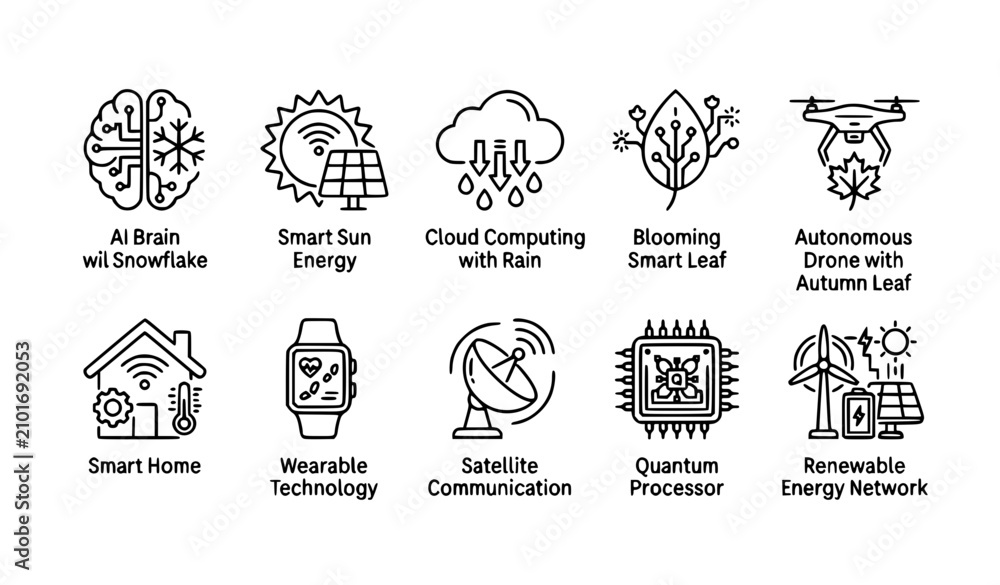 Obraz premium Futuristic Technology Line Icon Set for Seasonal Innovation with AI Smart Energy Cloud Computing and Digital Future Vector Symbols