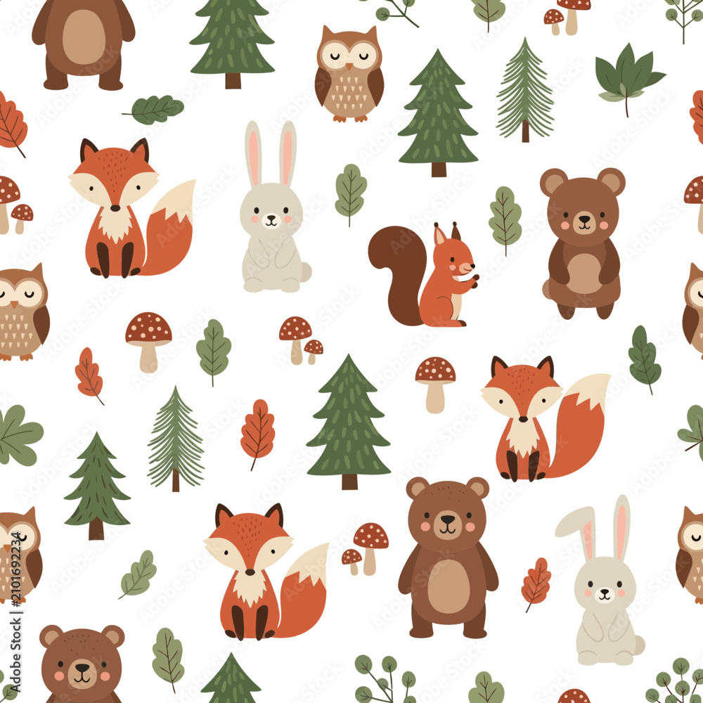 Naklejka premium Cute Woodland Animals Pattern