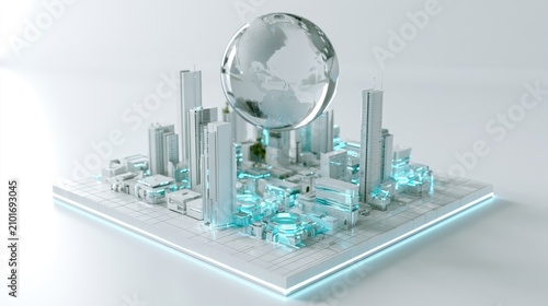 Futuristic city with glass globe hovering above buildings