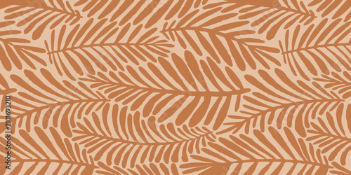 Seamless tropical leaf pattern in boho terracotta style. Aesthetic earth tone botanical background with palm fronds illustrations for textile, wallpaper, and wrapping paper.