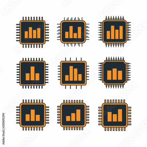 Set of nine computer chips with bar graphs inside.