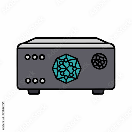 Sleek black server with glowing blue geometric design and multiple indicator lights.