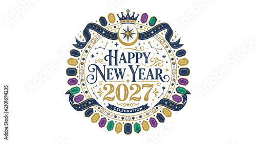 Fotografía New Year 2027 Celebration Emblem: A vibrant and decorative emblem proclaims Happy New Year 2027 in elegant typography, adorned with festive patterns, a royal crown, and colorful ornate elements