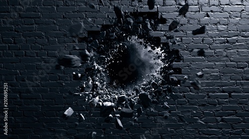 Shattered black brick wall with explosion hole and flying debris abstract background