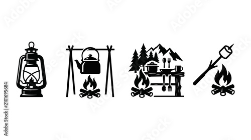 Canvastavla Camping icons with lantern, campfire, and outdoor activities.