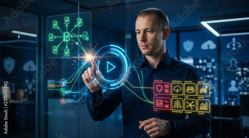 Digital data management and cybersecurity interface interaction for enterprise cloud infrastructure monitoring and system analysis in a modern high tech corporate environment workplace