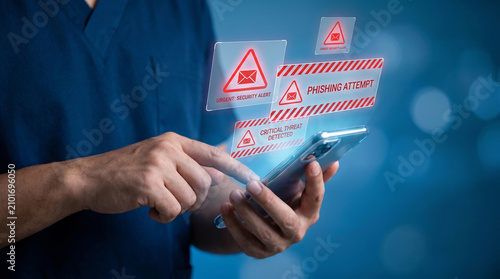 Phishing attempt security alert on smartphone screen showing critical cyber threat notification for mobile device cybersecurity protection and data privacy risk management strategy concept