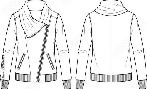 Tableau sur toile Fashion technical sketch of women asymmetrical zipper jacket with high cowl neck