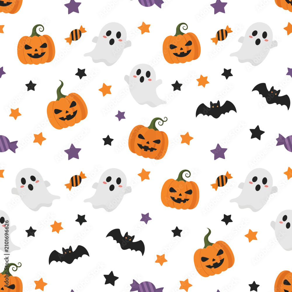 Naklejka premium Cute Halloween Pattern with Pumpkins and Ghosts