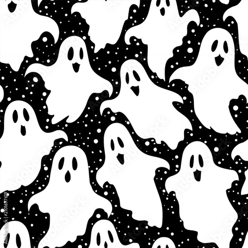 Halloween seamless pattern with cute friendly white ghosts and dots on a black background.