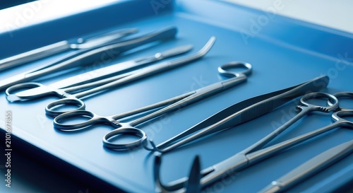 A close-up view of sterile metal surgical instruments and stainless steel tools arranged on a blue tray during a medical procedure in a lab, metal, treatment, sterile