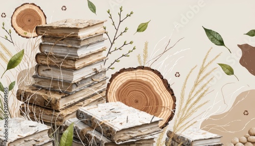 Sustainable publishing concept with old books and natural elements