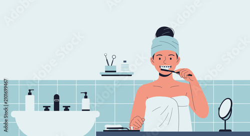 Woman brushing teeth in bathroom hygiene routine, illustration