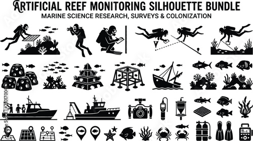 Foto Artificial reef monitoring and marine research icons bundle