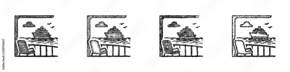 Fototapeta premium Sketch monochrome ocean view icon design set