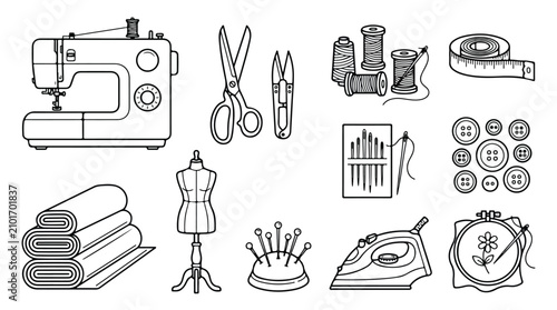 Foto Sewing and tailoring tools vector set, black line art icons for dressmaking and