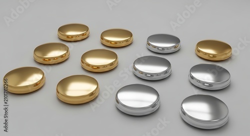 Shiny Gold and Silver Round Metal Buttons Arranged on Gray Surface