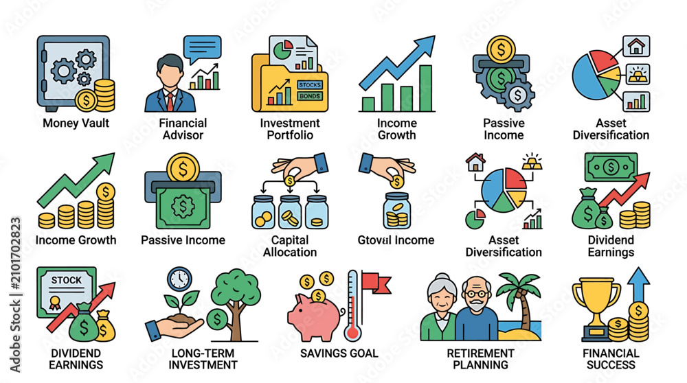 Fototapeta premium Financial Investment and Planning Icons Set for Business and Personal Finance.