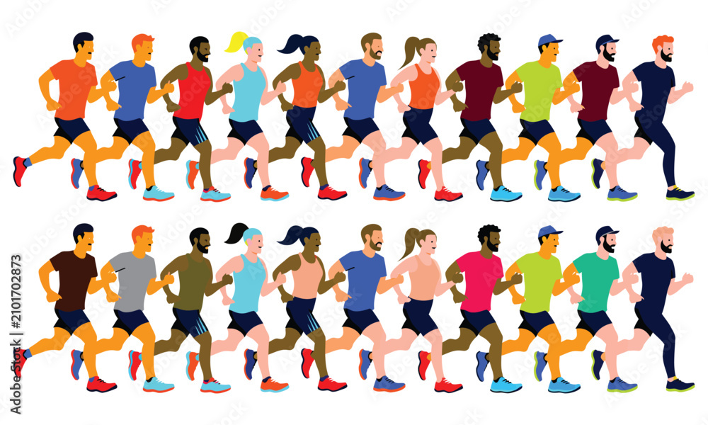 Fototapeta premium Colorful group of running people isolated on white background in flat illustration style