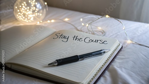 Inspirational message in notebook with pen and glowing lights creating a cozy atmosphere for motivation and creativity