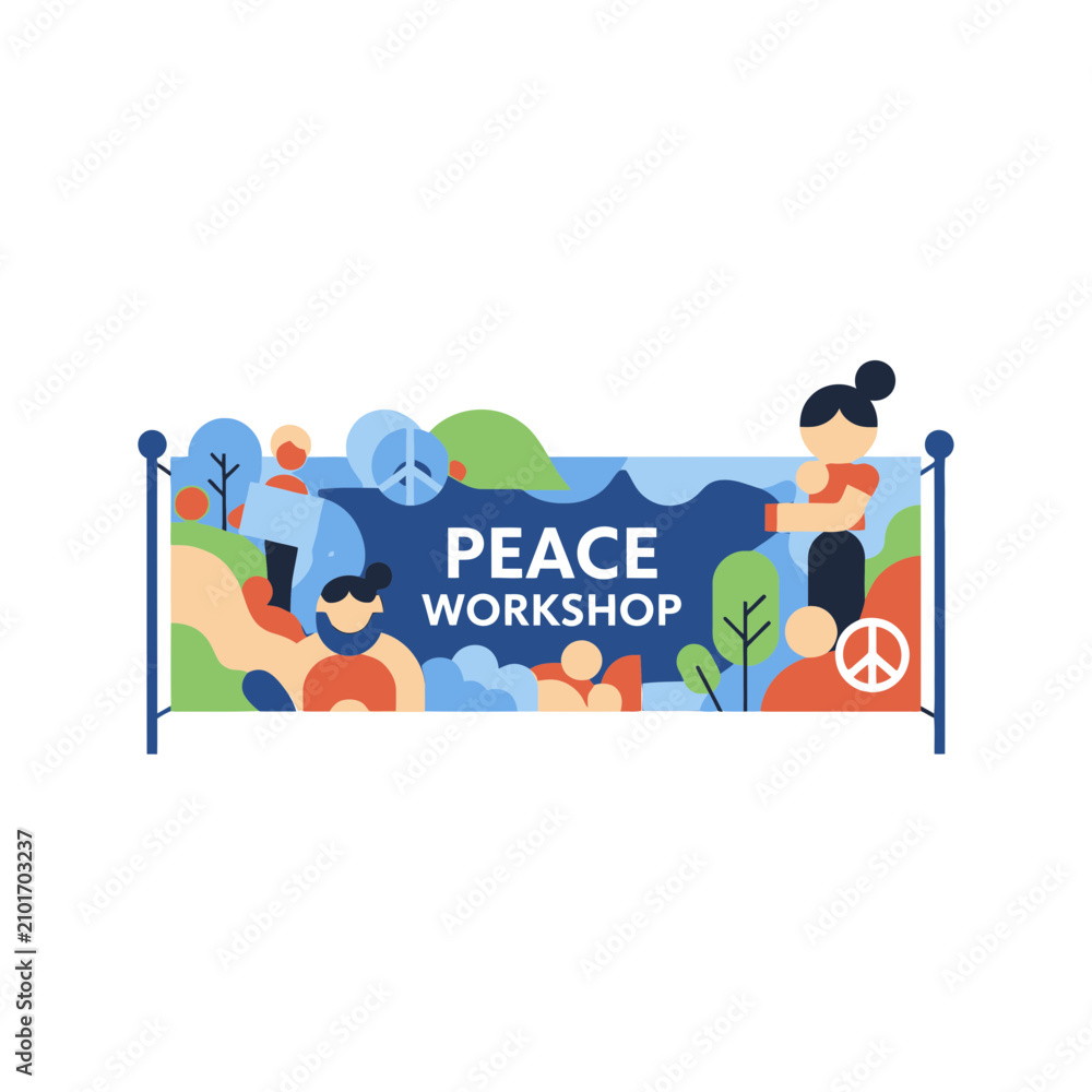 Fototapeta premium Peace Workshop Banner with People and Symbols