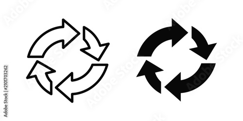 Circular arrows symbol in outline and filled styles indicating a recycling loop concept on a white background