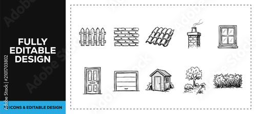 Black ink scribble hand drawn home heating and fireplace icon set bundle featuring doodle sketch vector illustrations for interior design and renovation business branding graphics.