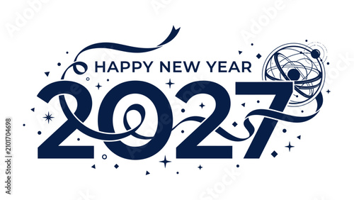 Obraz na płótnie Happy New Year 2027 Celebration Design: A stylish typographic design celebrating the arrival of the New Year 2027, featuring bold numbers intertwined with a flowing ribbon and sparkling stars