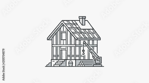 Foto Modern Monochrome Line Drawing of Half Constructed Timber Frame House with Crane