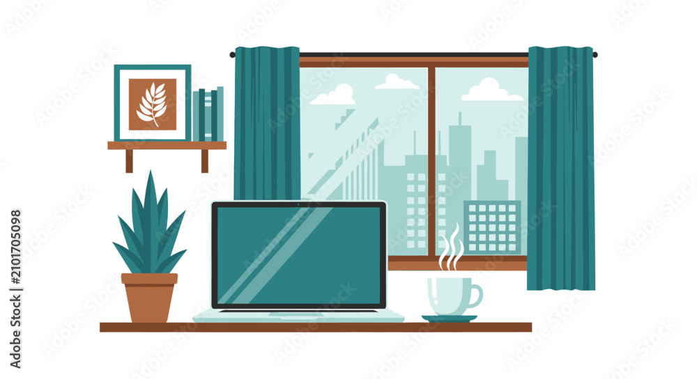 Obraz premium Modern Home Office Workspace Illustration with Laptop, Coffee, and City View