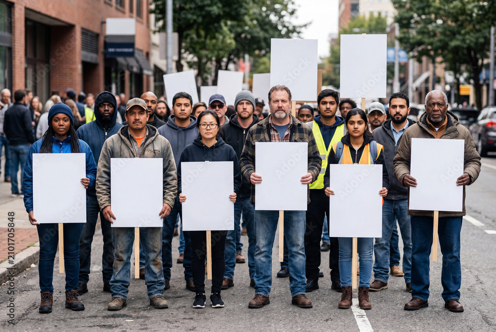 Obraz premium A group of diverse workers stands together in a city street. They hold blank white protest signs. The scene takes place during the day with trees in the background