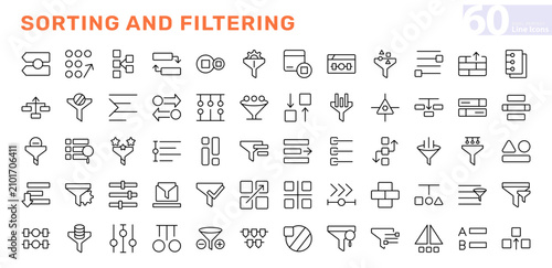 Sorting and Filtering line icon set. Data sort, filter options, sorting, list, dashboard, interface, analytics, filtering, business and marketing analytics editable icon pack. Vector line stroke.