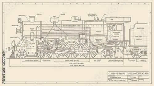 Detailed technical blueprint drawing of a vintage steam locomotive train engine.