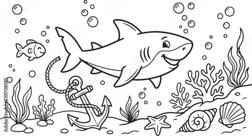 Charming shark illustration with underwater scene for kids' activities and marine education