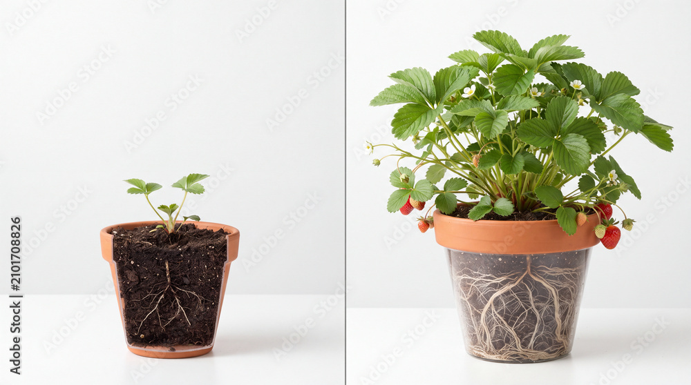 Fototapeta premium Strawberry Plant Growth Stages Root System Exposed.