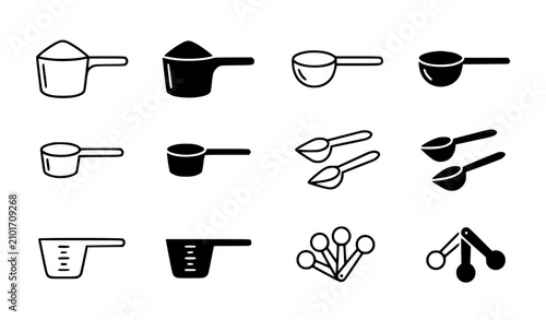 Obraz na płótnie Measuring Scoop Line and Filled Icons for Kitchen and Nutrition