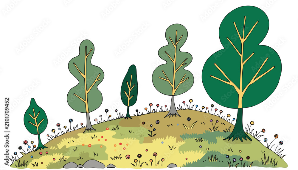 Obraz premium Vector illustration cartoon landscape with green trees and colorful flowers on a grassy hill