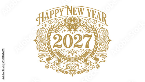 Bild auf Leinwand Happy New Year 2027 Emblem: An ornate, golden emblem heralds the arrival of 2027 with Happy New Year elegantly inscribed and surrounded by decorative flourishes and a laurel wreath