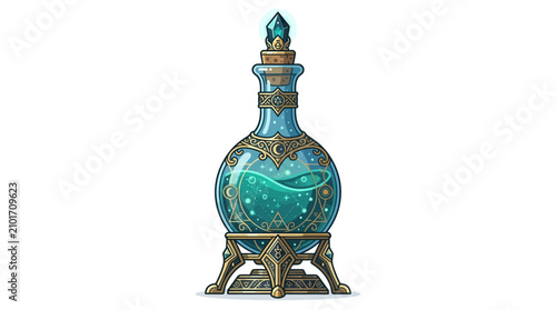 Konstfotografi Mystical Potion Bottle with Glowing Teal Liquid and Celestial Symbols